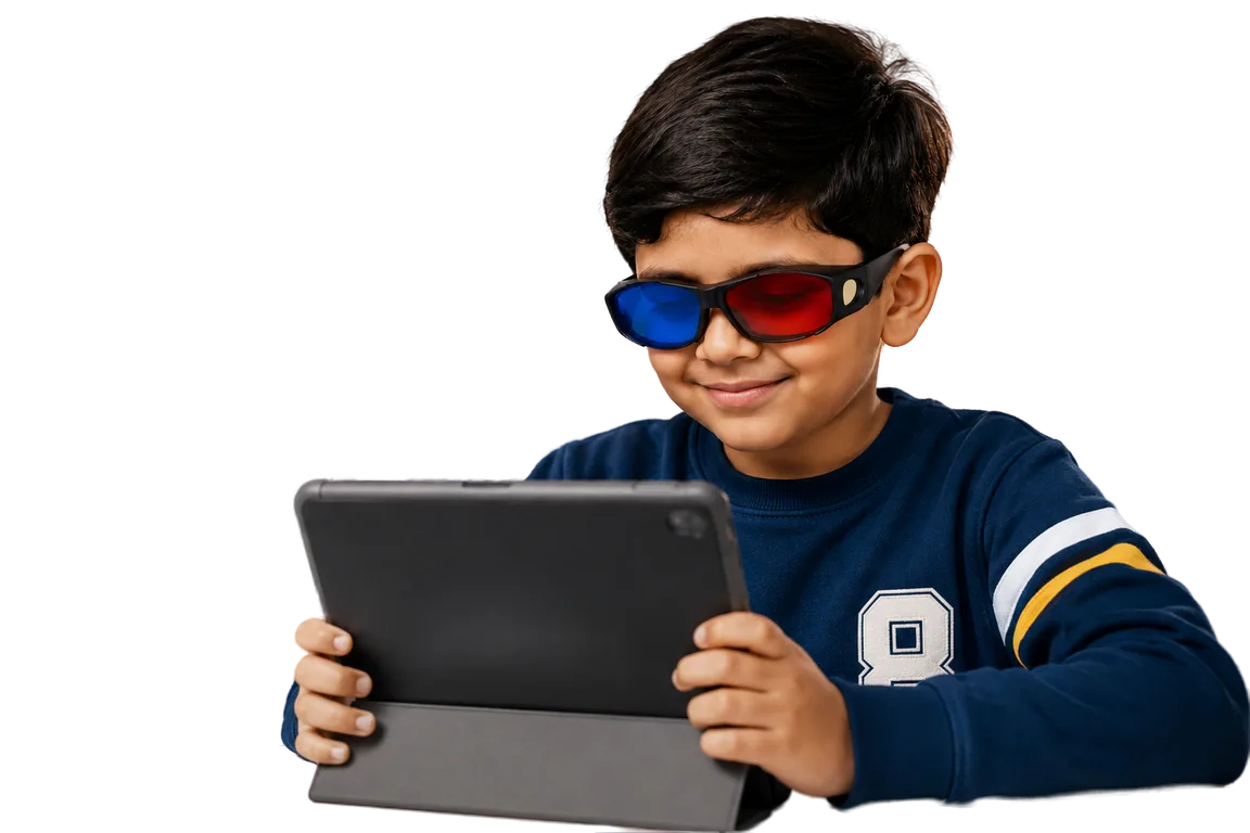 Child using CureSee vision therapy exercises on a tablet, wearing red-blue anaglyph glasses
